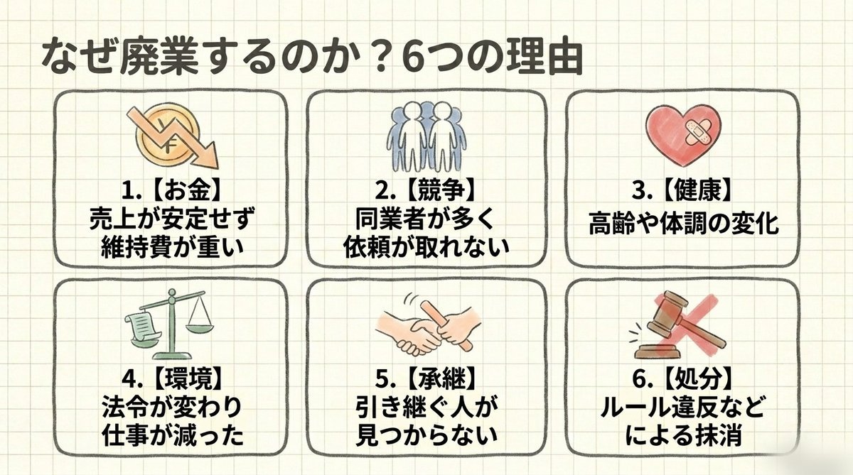 行政書士が廃業に至る理由を6つに分類した図