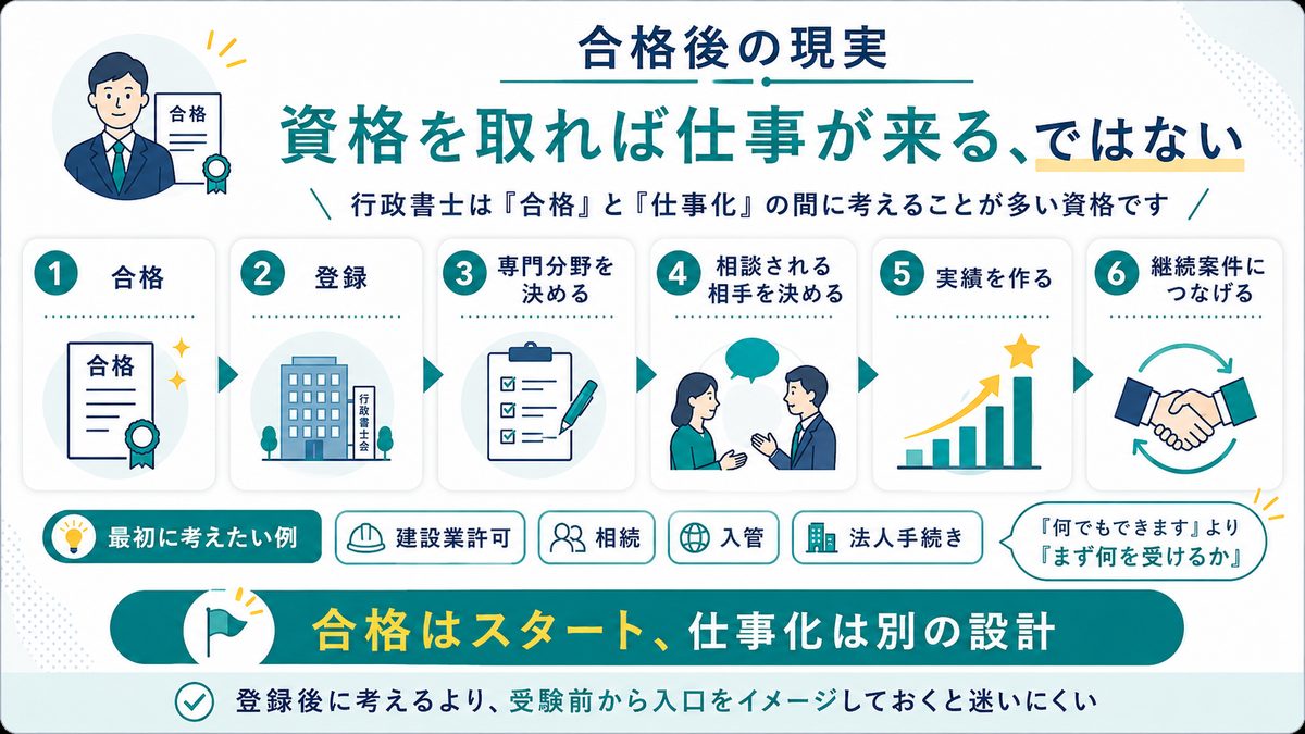 行政書士に合格してから仕事化するまでに必要な6つのステップを示す図解