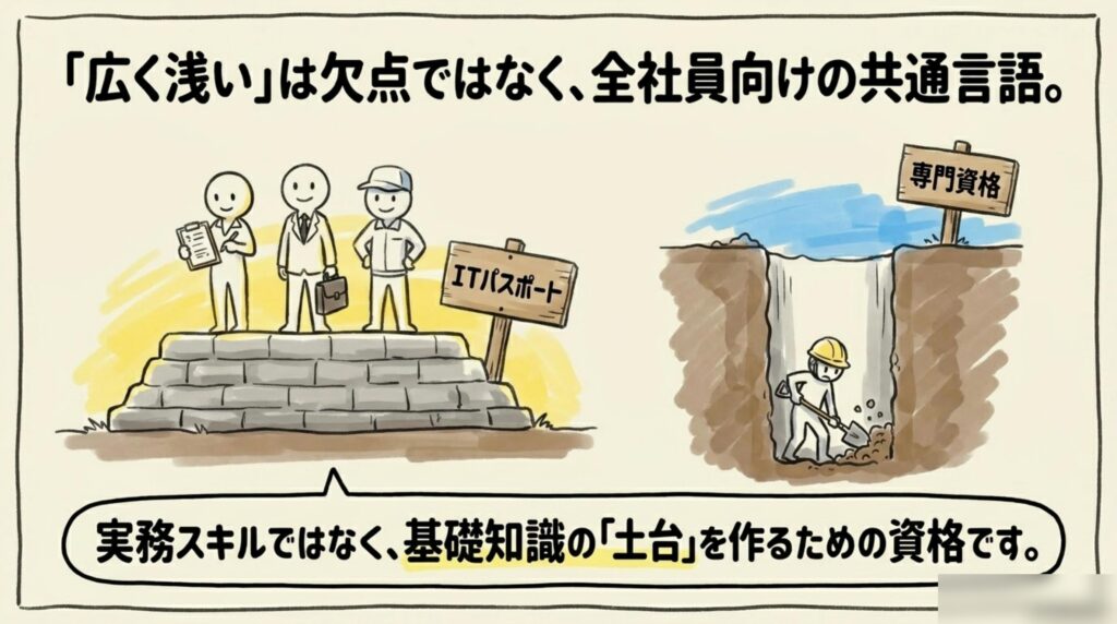 ITパスポートは全社員向け共通言語で基礎知識の土台を作る資格であることを示すイラスト