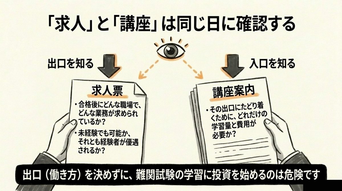司法書士を目指す前に求人票と講座案内を同じ日に確認する流れの図解