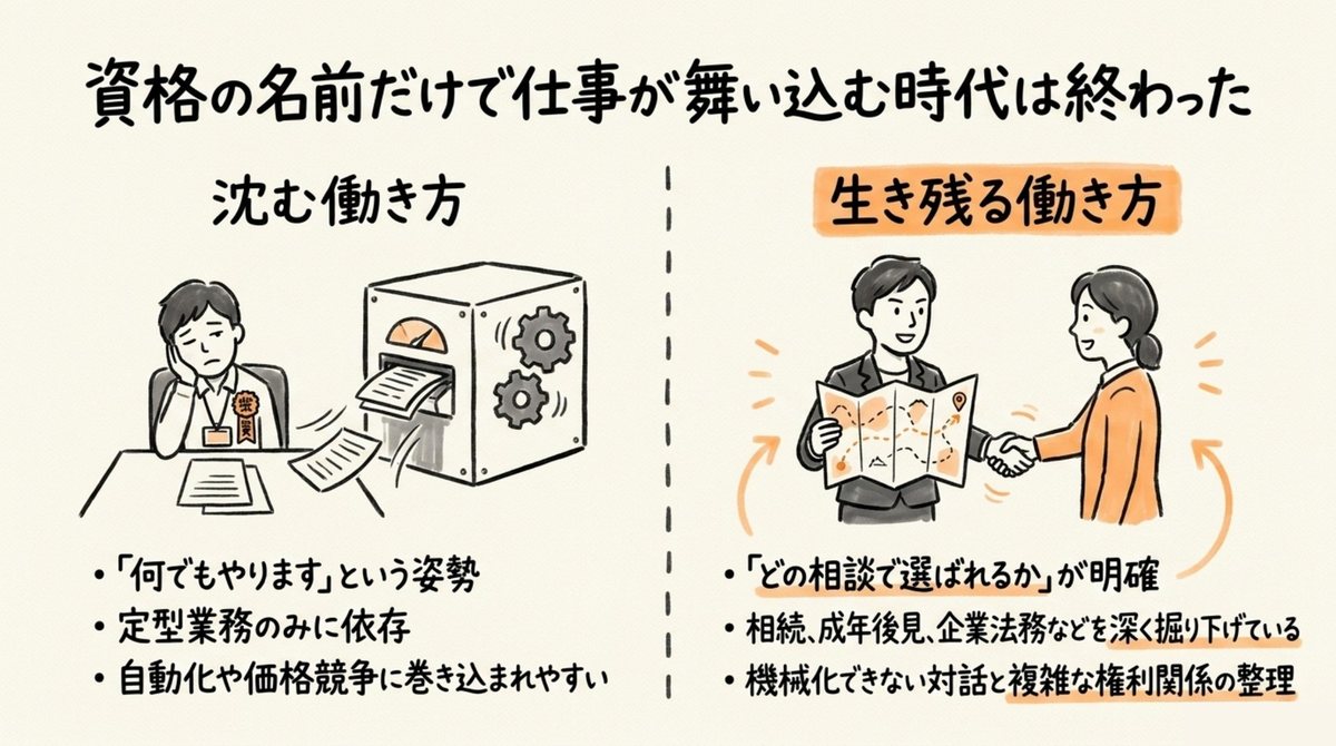 司法書士が資格名だけに頼らず選ばれる相談領域を作る働き方を比較した図解