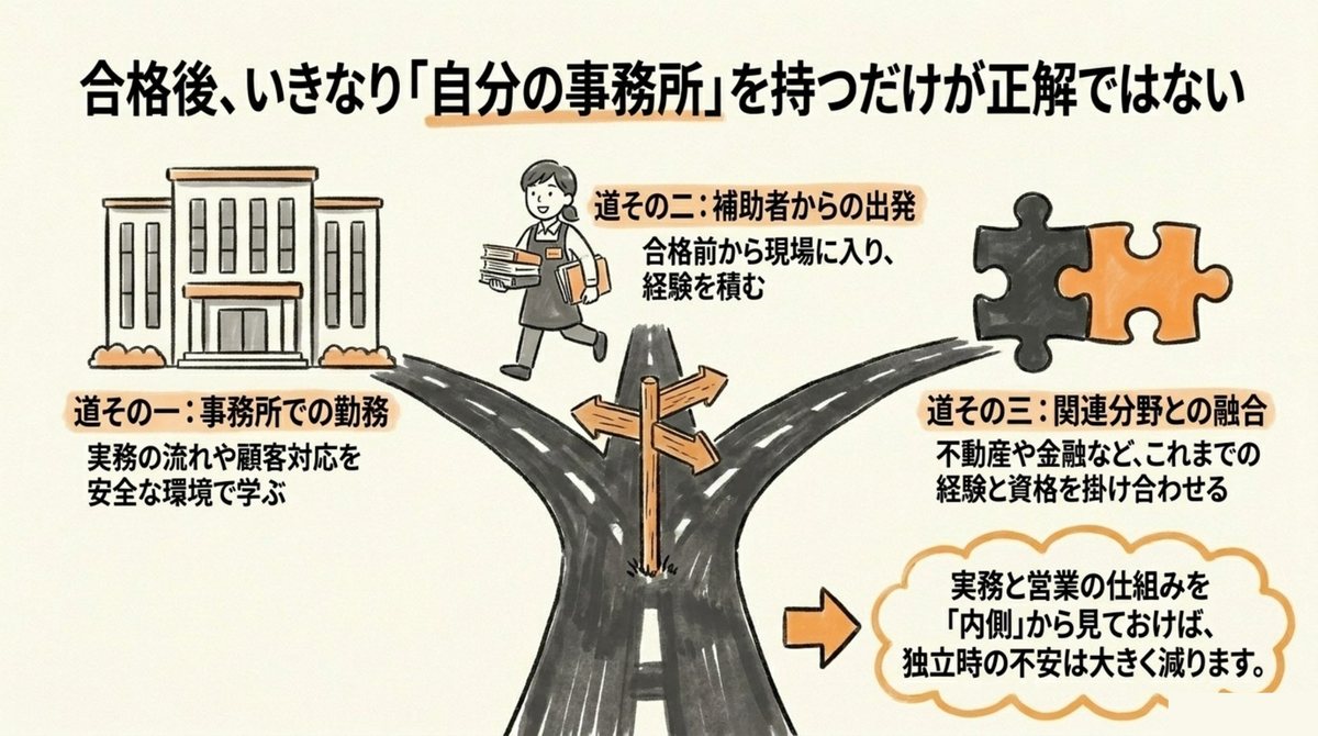 司法書士合格後に事務所勤務 補助者経験 関連分野との融合で出口を作る図解