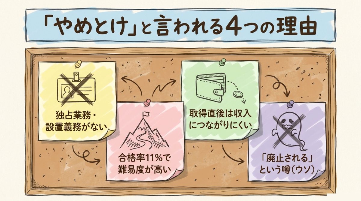 マンション管理士が「やめとけ」と言われる4つの理由 独占業務なし・合格率11%・取得直後は収入になりにくい・廃止の噂