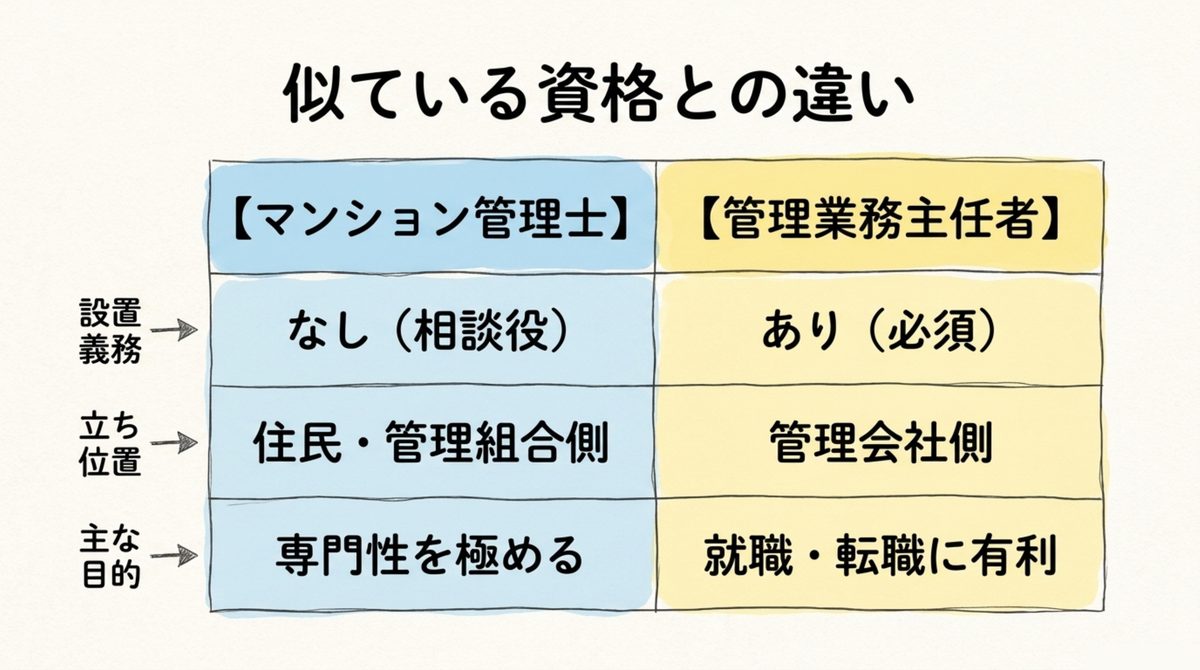 マンション管理士と管理業務主任者の違い 設置義務・立ち位置・主な目的の比較表