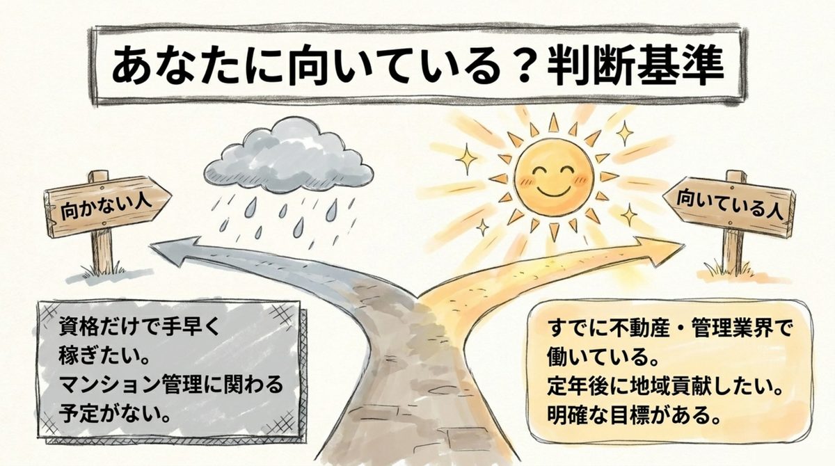 マンション管理士が向いている人と向かない人の判断基準を分かれ道で表した図