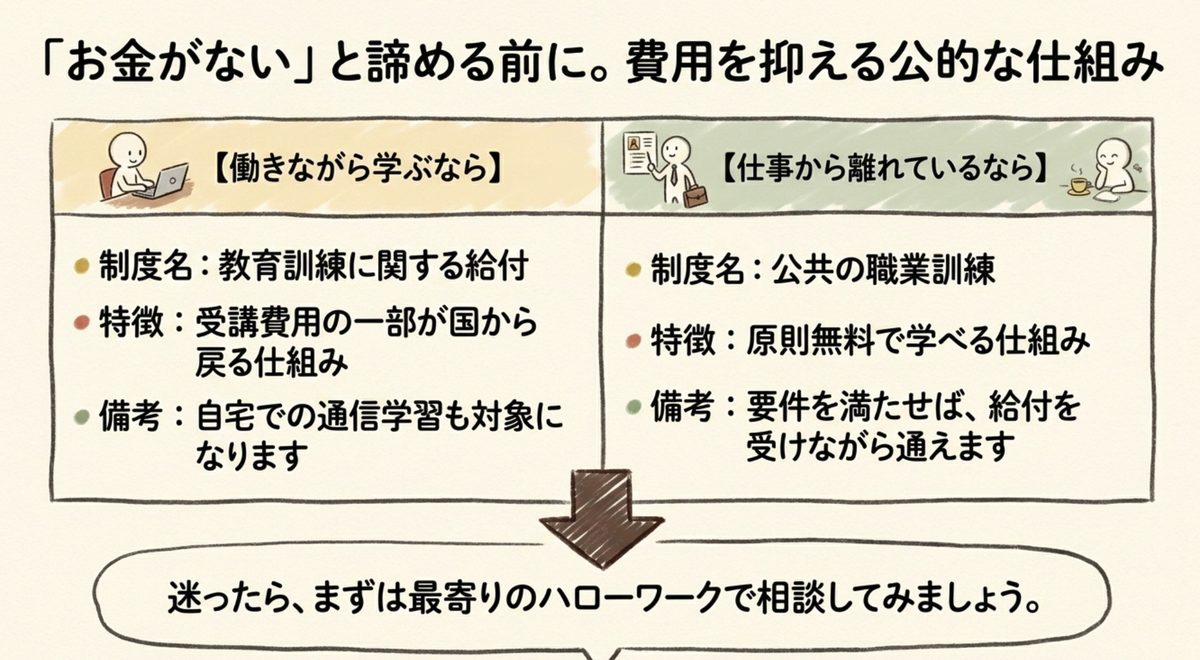 資格取得の費用を抑える教育訓練給付制度と公共職業訓練を比較した図解