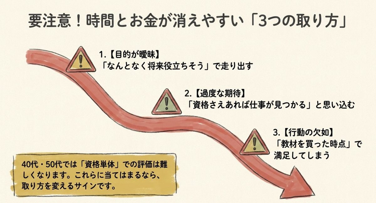 資格取得で時間とお金が消えやすい3つの取り方を示した図解
