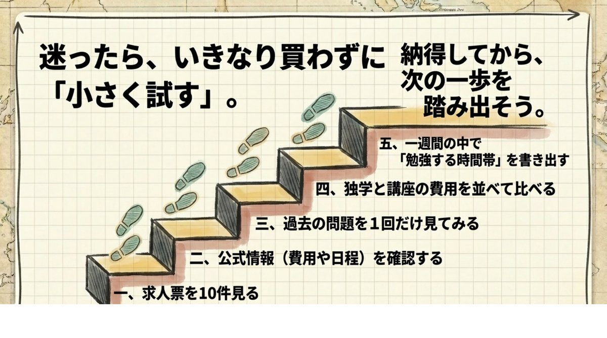 申し込む前に小さく試す5ステップ 資格取得を迷っているときに申し込む前に小さく試す5ステップを示した階段図