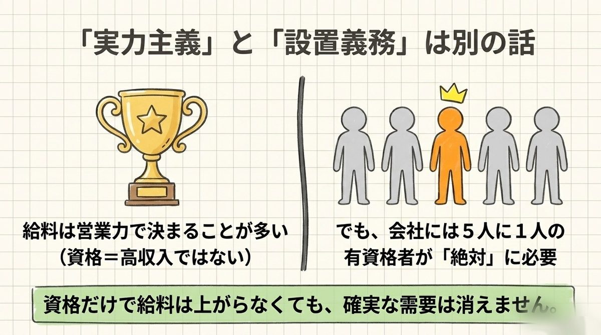 不動産業界が資格より実力（営業成績）を評価する仕組みを示す図