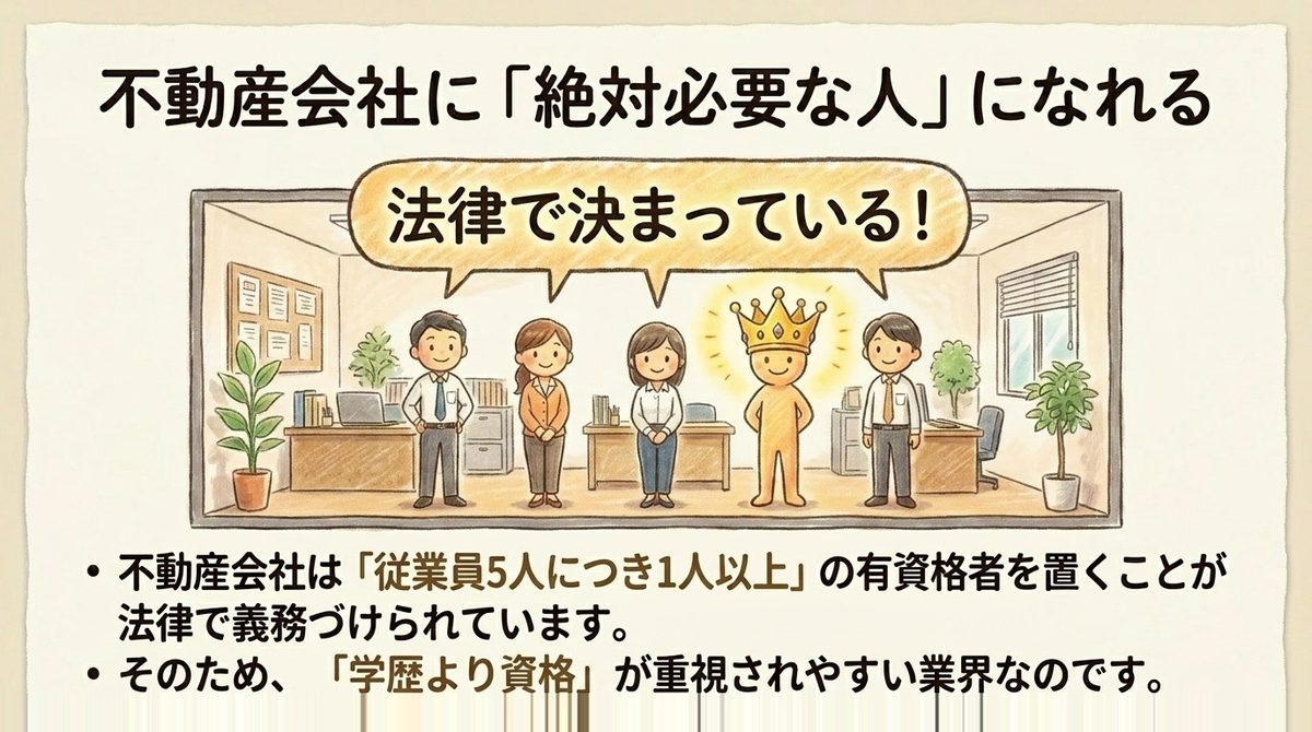 不動産会社が宅建士資格者を法律で必要としていることを示すオフィスのイラスト