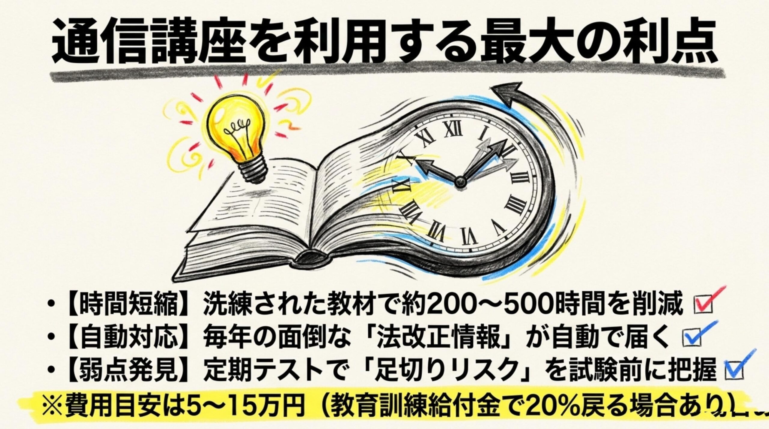 通信講座を利用する最大の利点（時間短縮200〜500時間・法改正自動対応・足切りリスク把握）