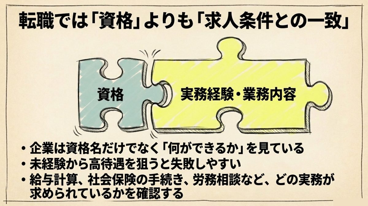 勤務社労士は求人条件との一致を見る 勤務社労士は資格より求人条件との一致が大事であることを示す図解