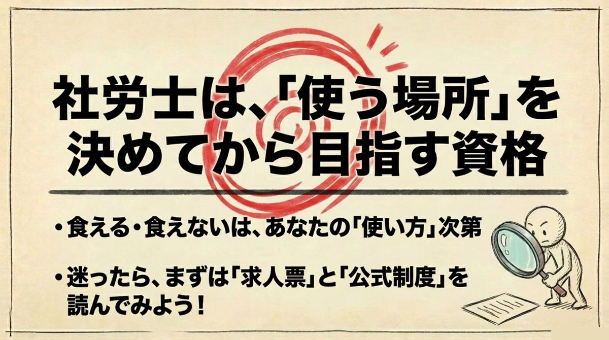 社労士は使う場所を決めてから目指す 社労士は使う場所を決めてから目指す資格であることを示すまとめ図解