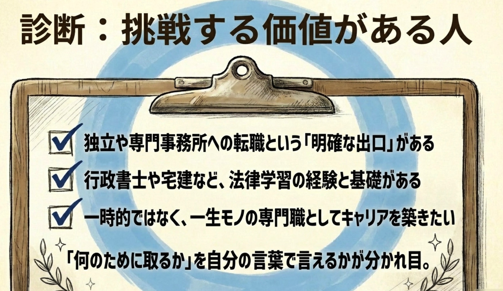 司法書士 挑戦する価値がある人の診断 明確な出口 法律学習経験あり 専門職志向