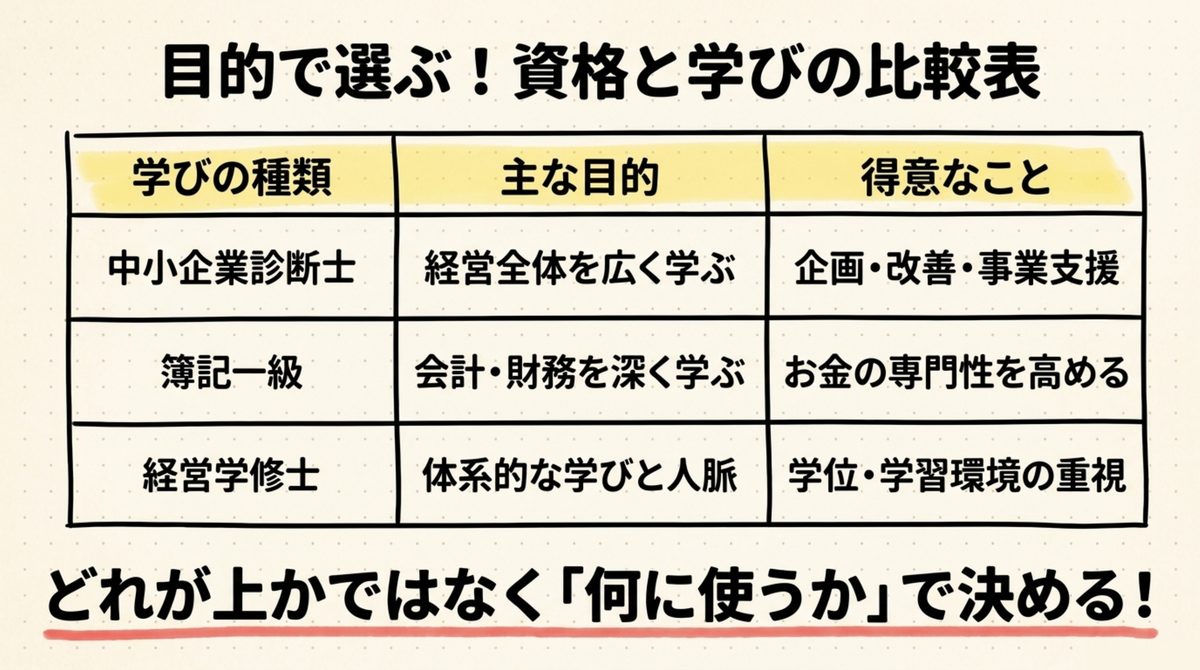 中小企業診断士と簿記1級とMBAを目的別に比較した表の図解