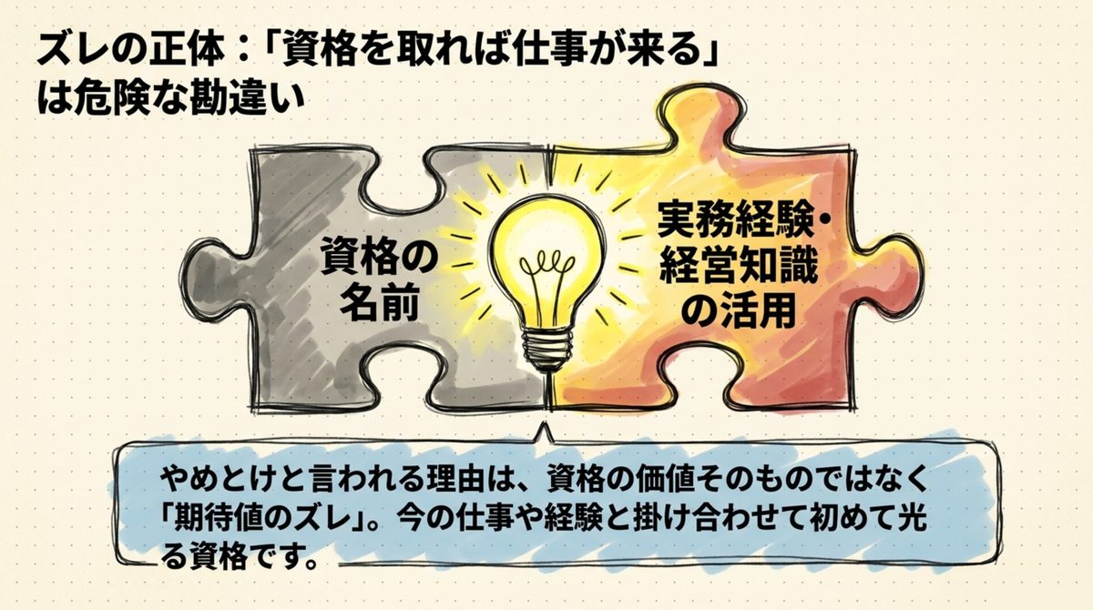 中小企業診断士の資格名だけで仕事が来るという期待値のズレを示す図解