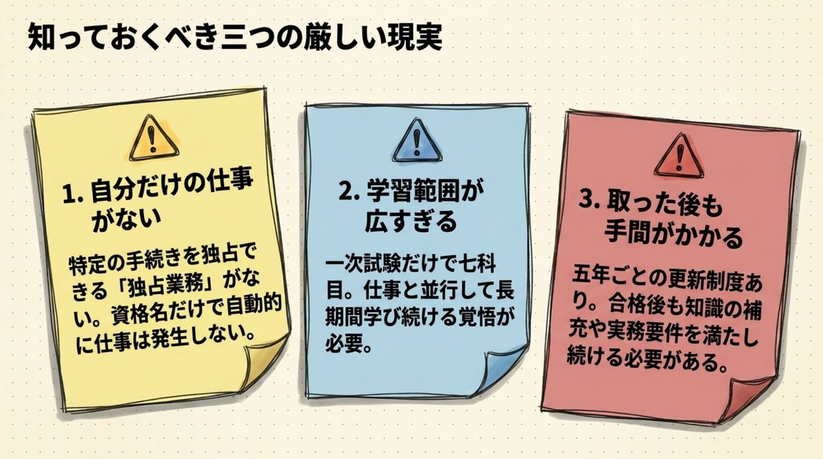 中小企業診断士を目指す前に知っておきたい三つの厳しい現実の図解