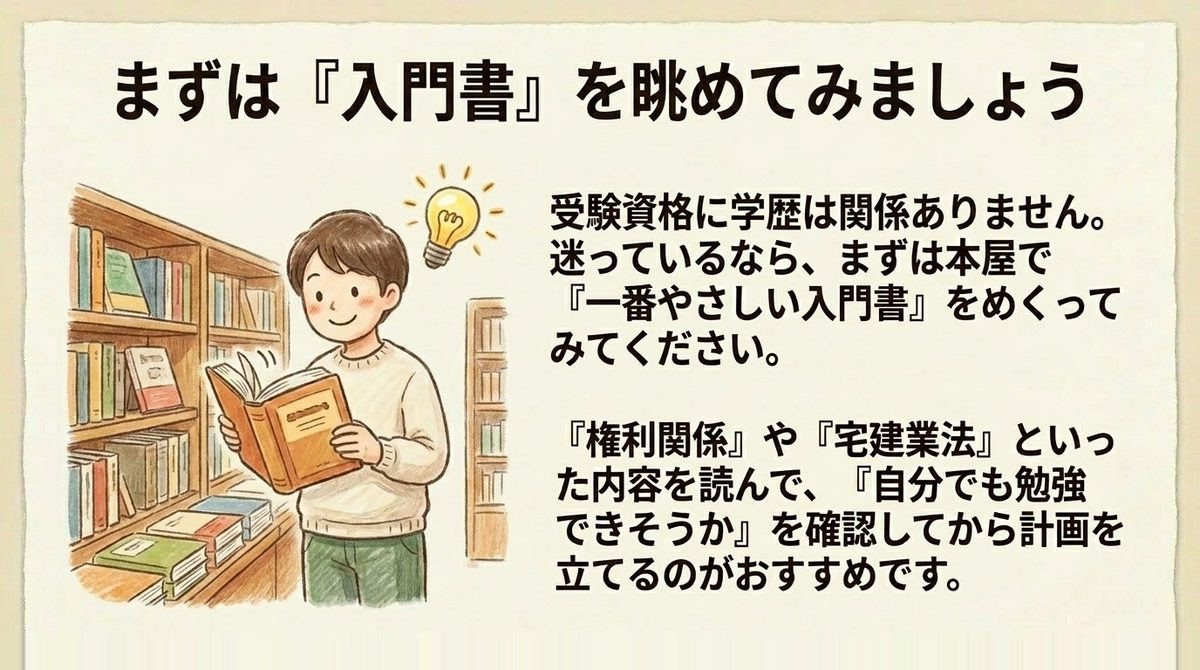 宅建士試験の入門テキストを書店で確認する人物のイラスト
