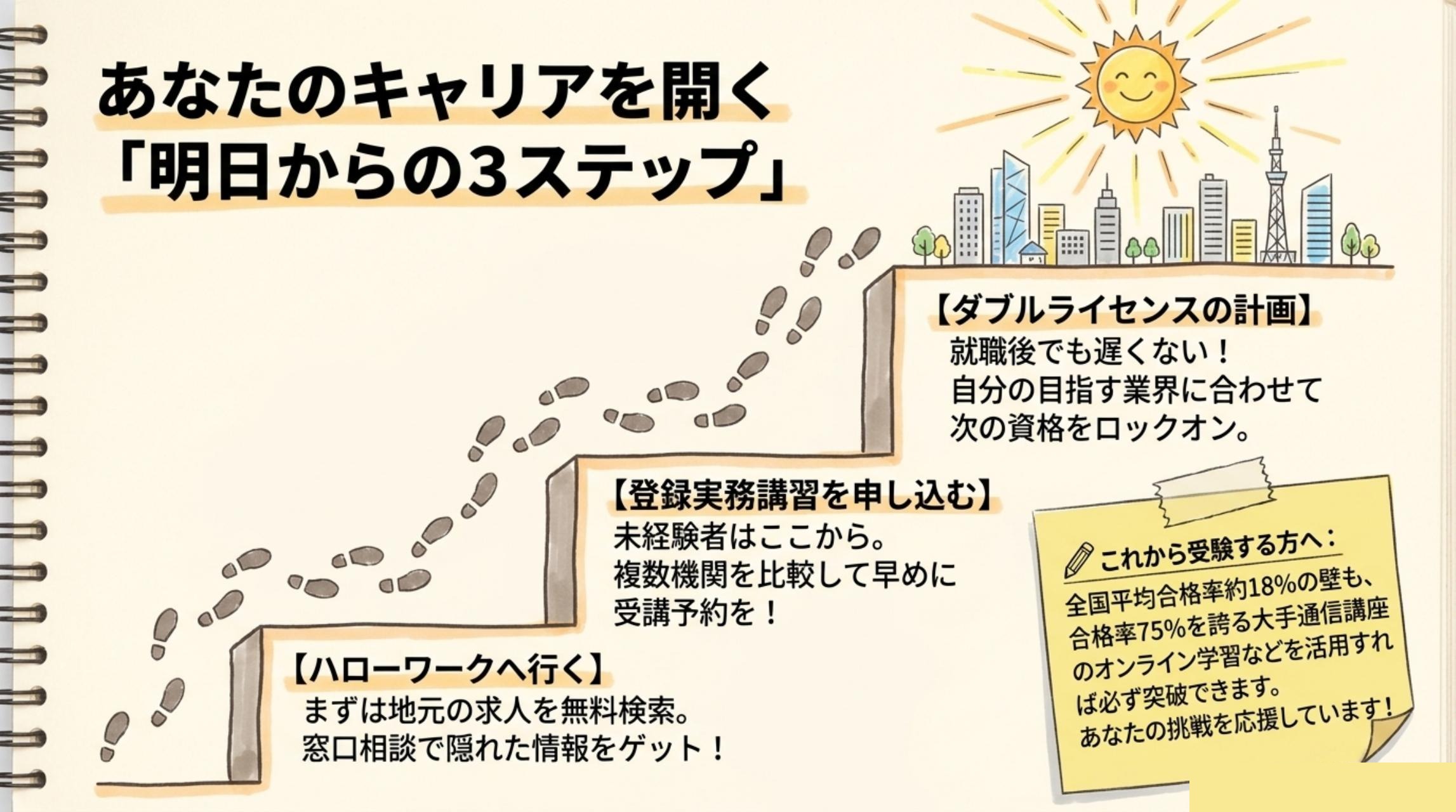 宅建就職活動の3ステップ（ハローワークで求人確認・登録実務講習申込・ダブルライセンス計画）のロードマップ図
