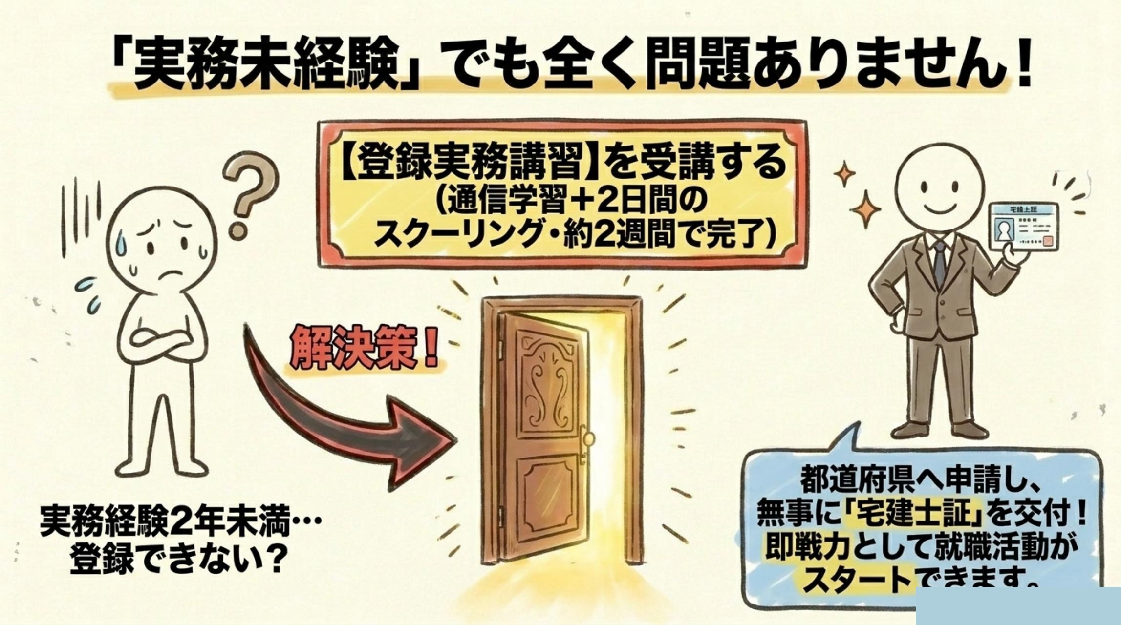 実務経験2年未満でも宅建士として登録できる登録実務講習の仕組み（通信学習＋2日スクーリングで完了）