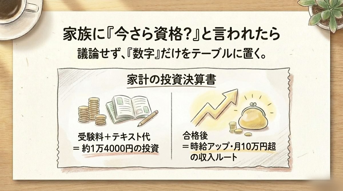 宅建独学の費用と合格後の収入見込みを示す家計表