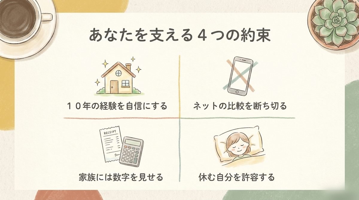 宅建独学を支える4つの約束を示す図