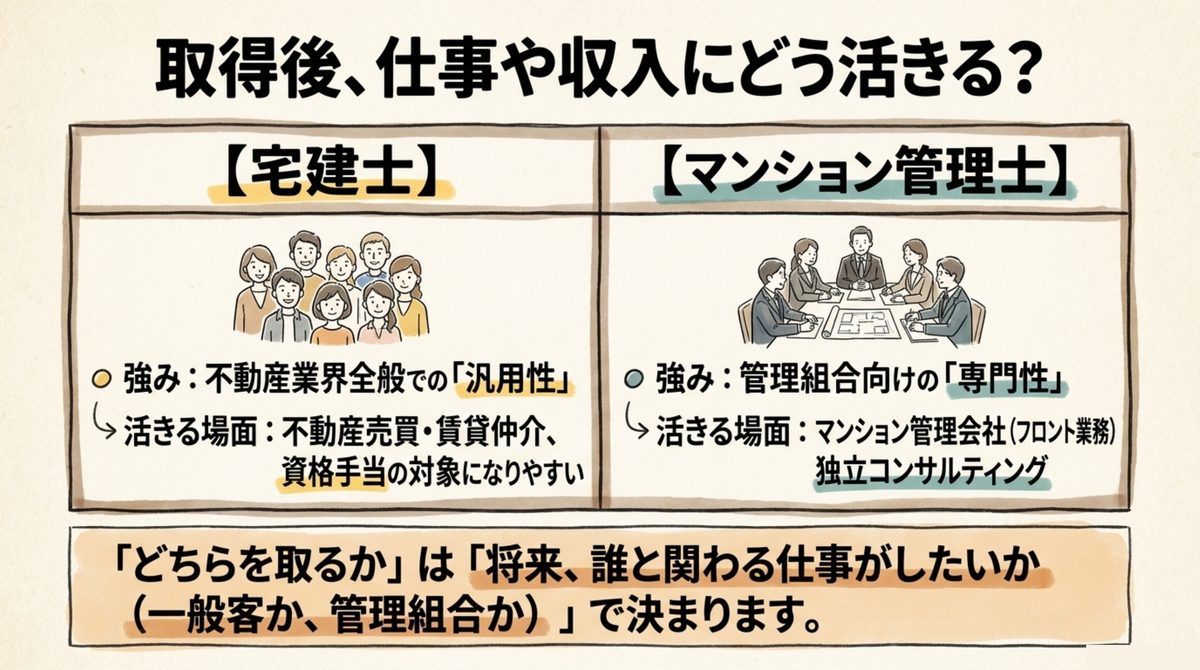 宅建士は不動産業界での汎用性・マンション管理士は管理組合向けの専門性という比較図