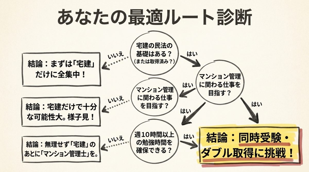 宅建とマンション管理士の最適ルートを3つの質問で診断するフローチャート