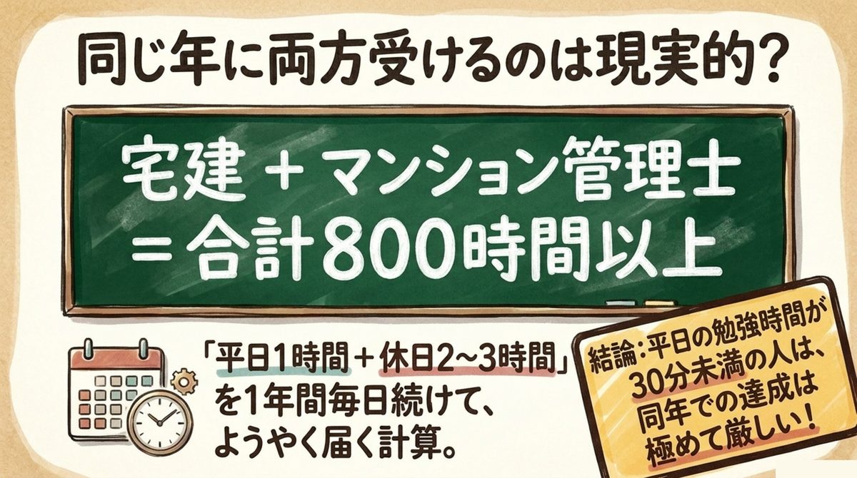 宅建とマンション管理士の同年ダブル受験は合計800時間以上が必要という図