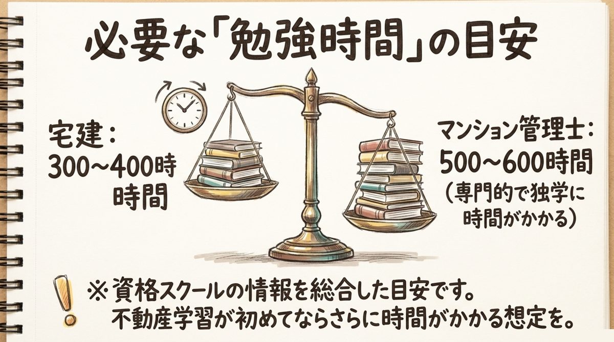勉強時間の目安は宅建300〜400時間・マンション管理士500〜600時間を天秤で比較した図