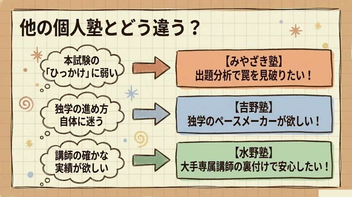 基礎が身についていない初学者や大手予備校の安心感を求める人には宅建みやざき塾は不向き