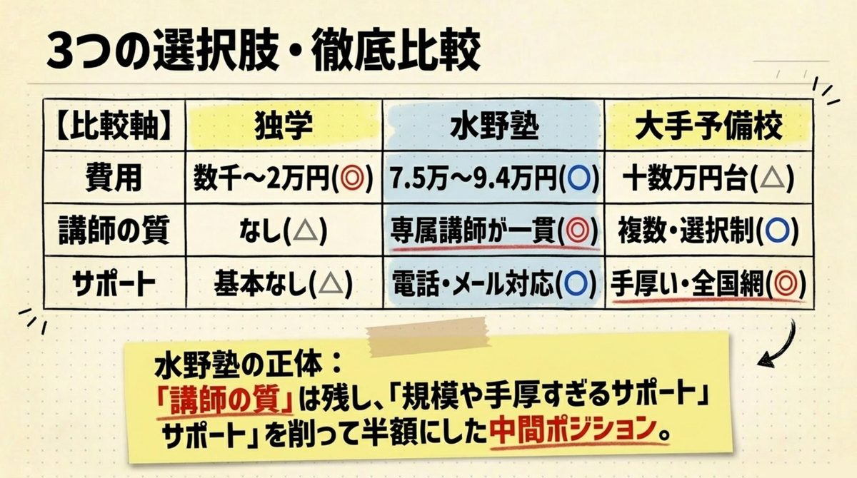 宅建の独学・水野塾・大手予備校を比較する図