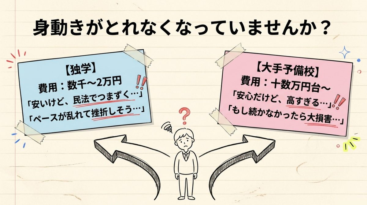 宅建の独学と大手予備校どちらを選ぶか迷う様子