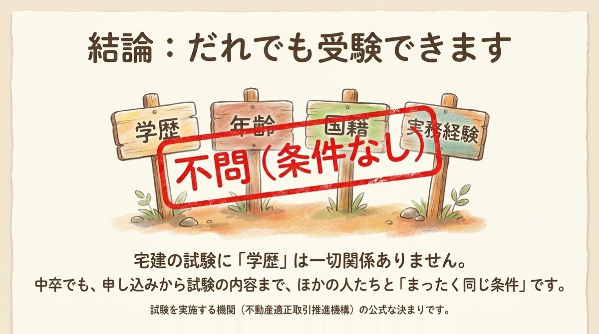 宅建士試験は学歴・年齢・国籍・職歴を問わず誰でも受験できることを示す図