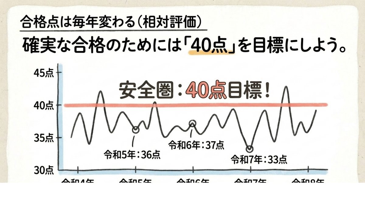 宅建の合格基準点が毎年変動することと安全圏40点目標を示した折れ線グラフ