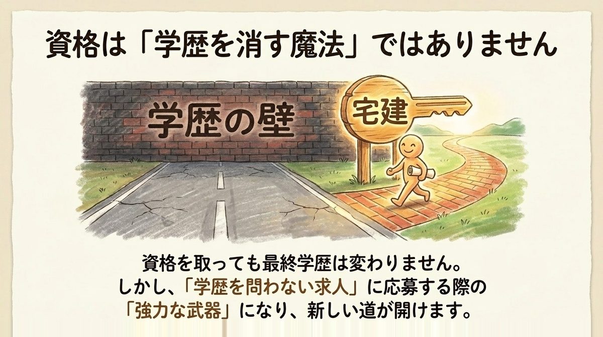 宅建資格を取っても最終学歴自体は変わらないことを示す図