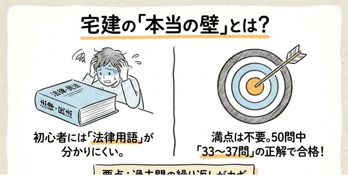 宅建の本当の壁は法律用語の難しさと50問中33〜37問正解で合格できる仕組みを示した図解