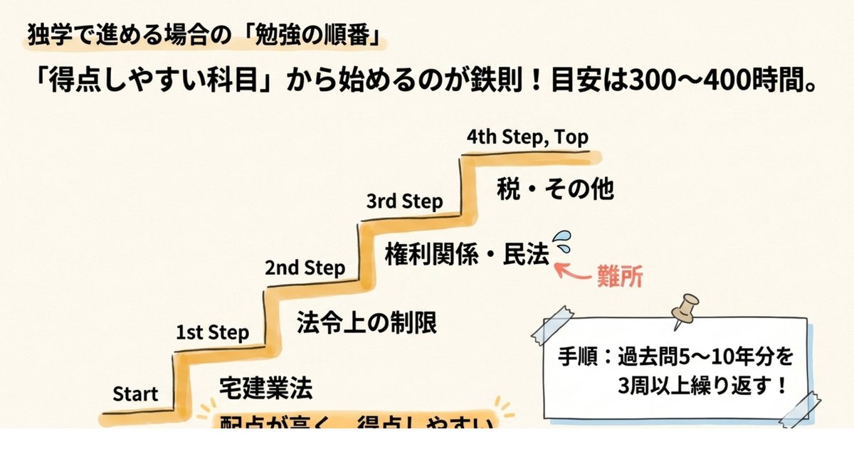 宅建を独学で進める場合の科目学習順番を宅建業法から始める4ステップ階段図で示した図解