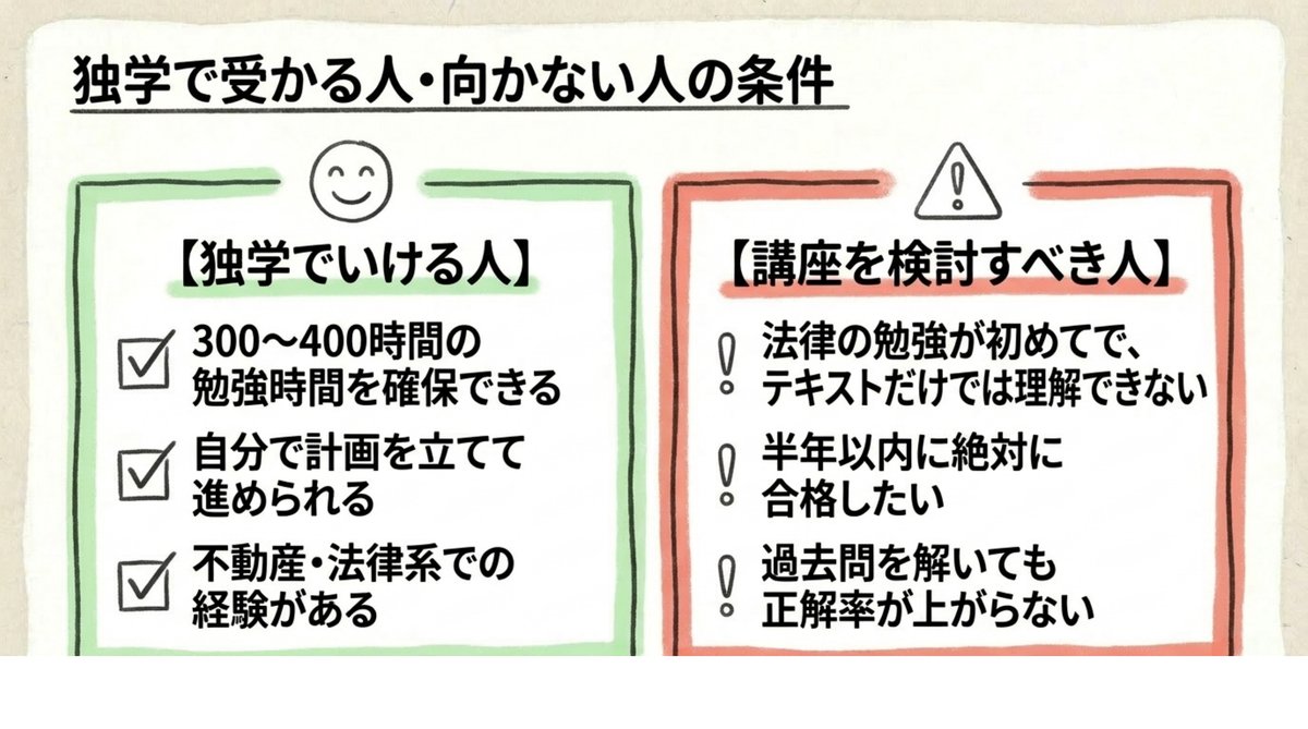 宅建を独学で受かる人の条件と講座を検討すべき人の条件を左右に分けた比較図