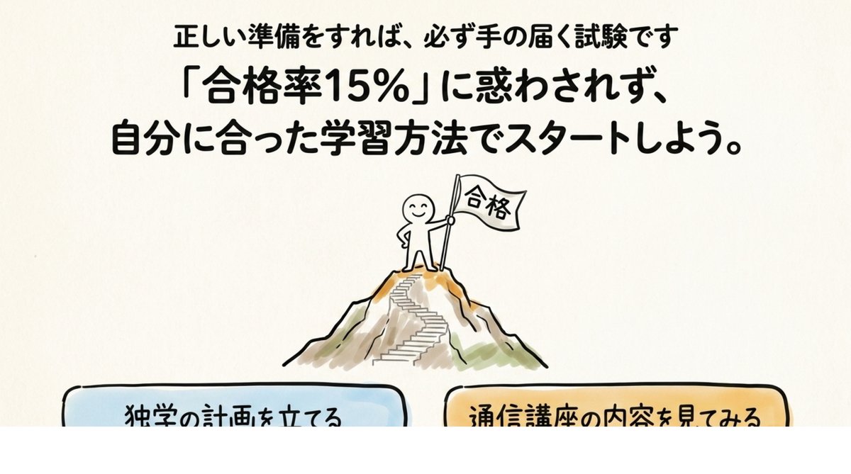 宅建合格率15%に惑わされず自分に合った学習方法でスタートすることを促す図解