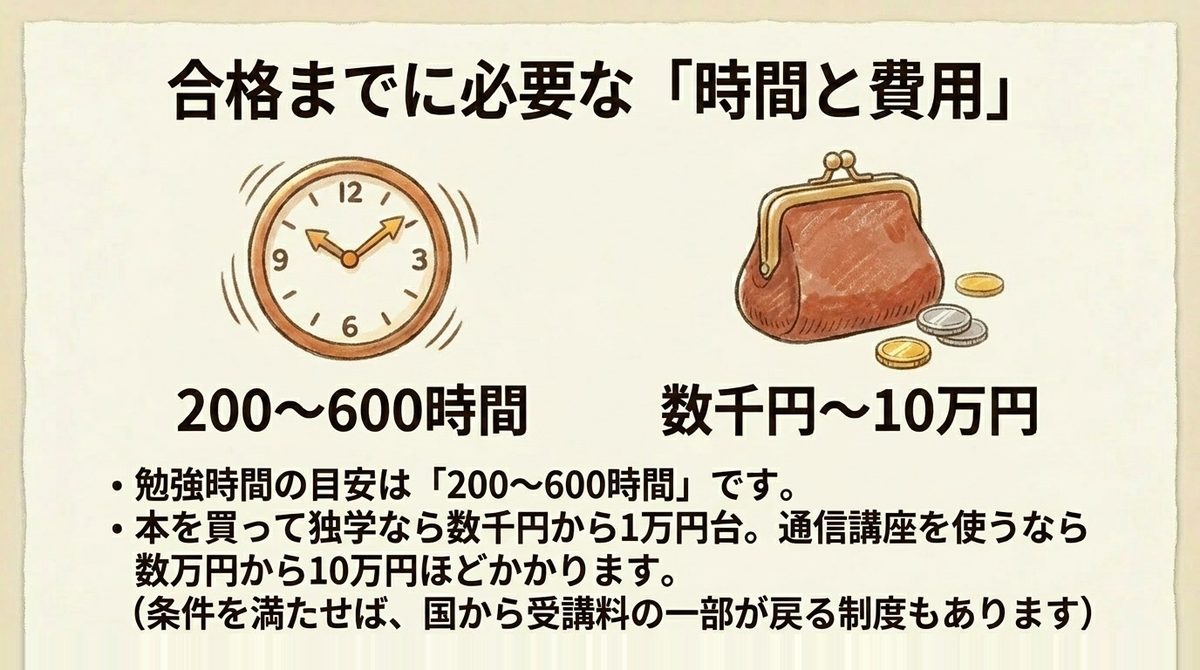 宅建士試験の独学に必要な学習時間と費用の目安を示す図