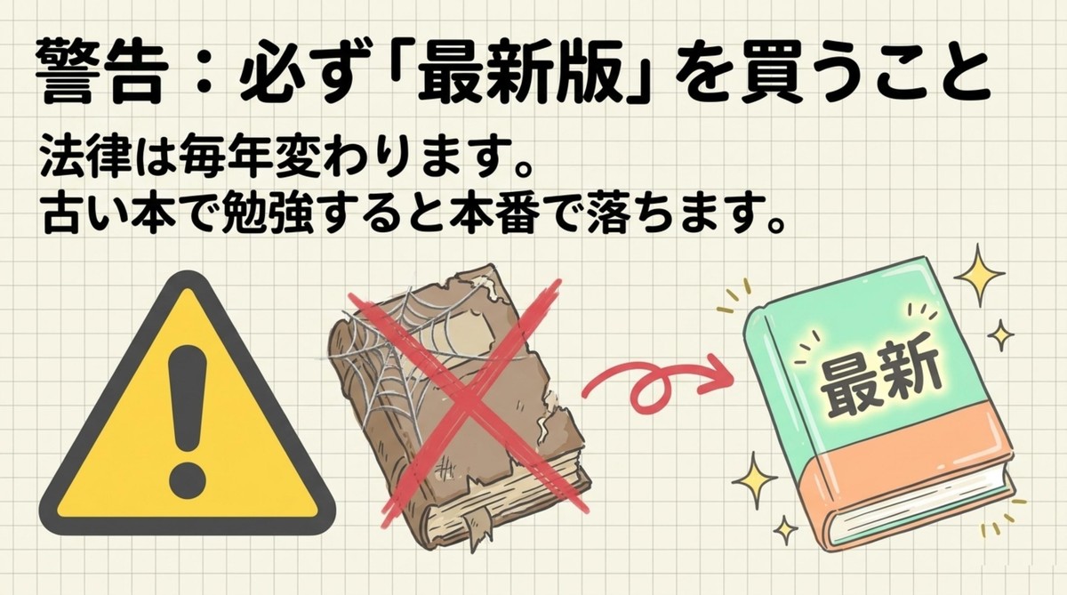 宅建参考書は必ず最新版（2026年版）を選ぶこと。法律は毎年改正される。