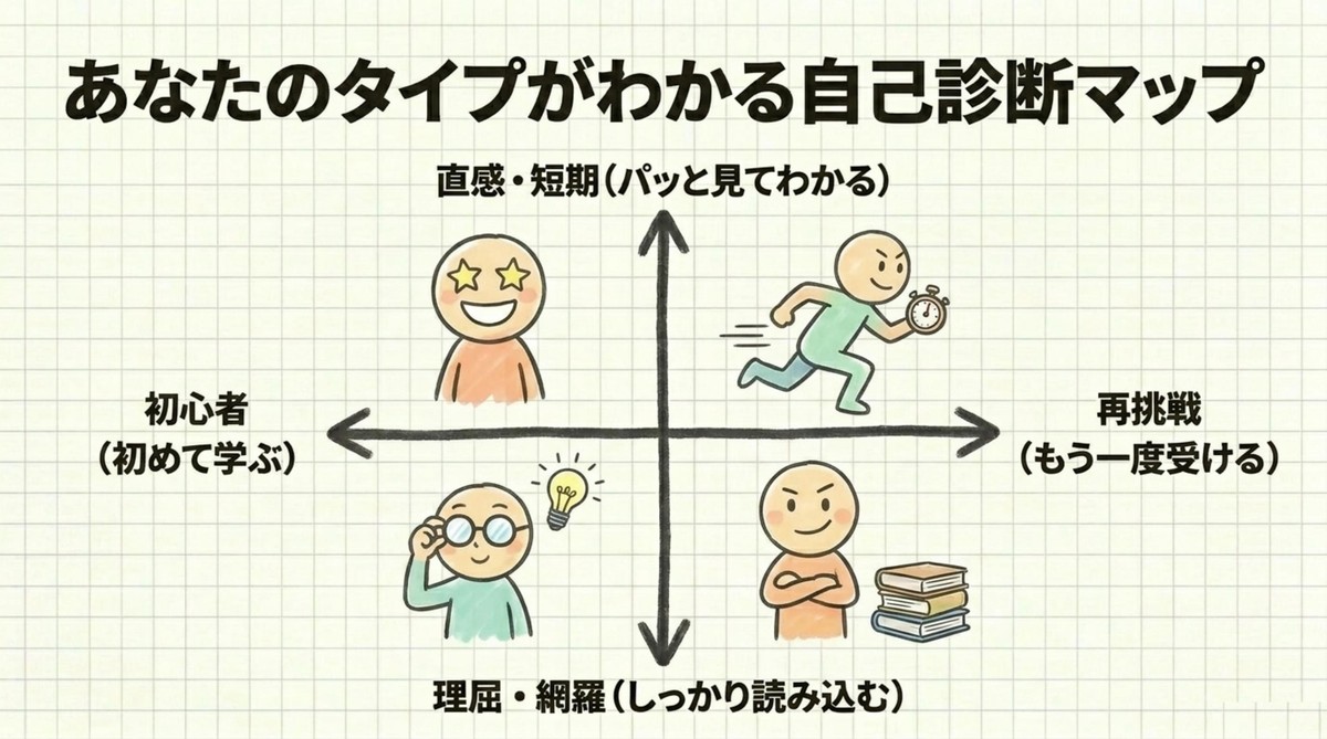 宅建参考書えらびのタイプ別自己診断マップ（初心者・再挑戦×直感・論理の2軸4象限）