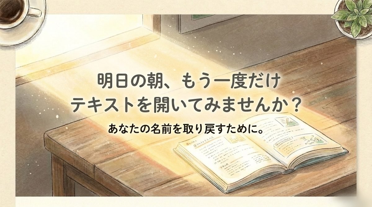 明日の朝もう一度テキストを開くことを呼びかける図