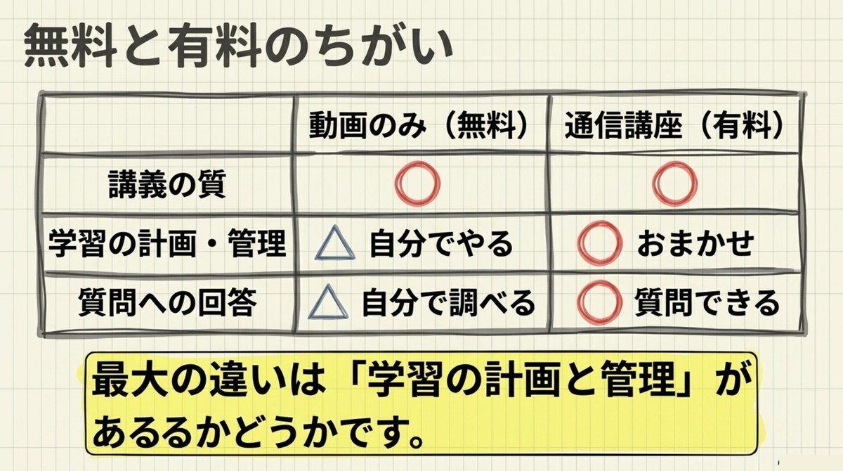 宅建の動画のみ無料と通信講座有料の違いを比較する表