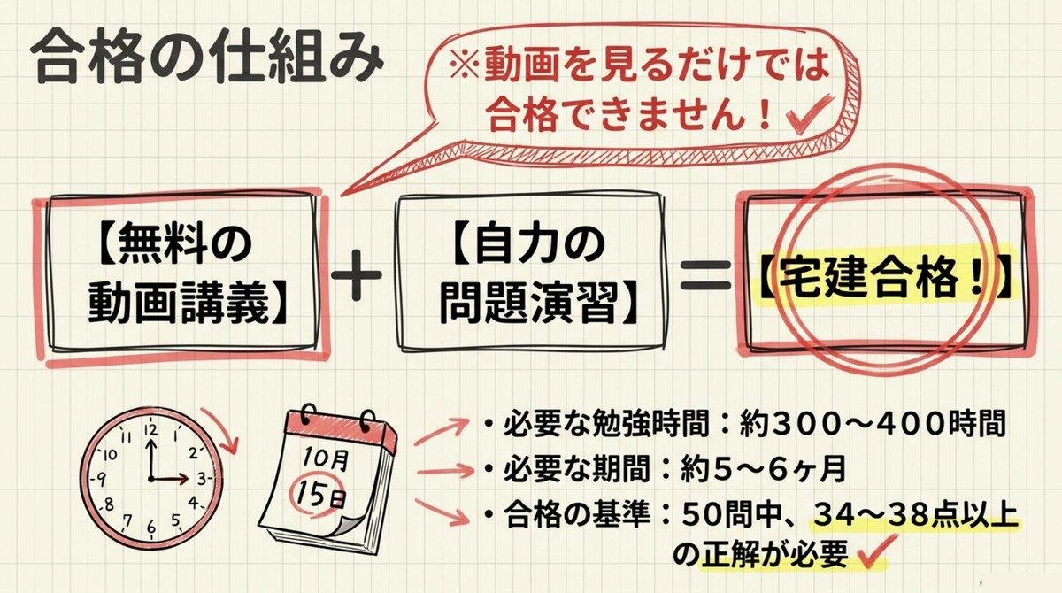 宅建合格の仕組み 無料動画講義と自力の問題演習を組み合わせる図