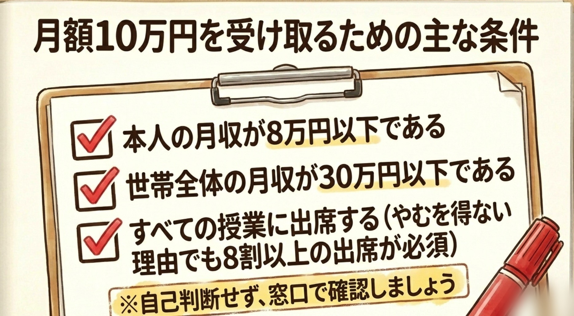 職業訓練 月額10万円の受給条件：月収8万円以下・世帯30万円以下・出席8割以上