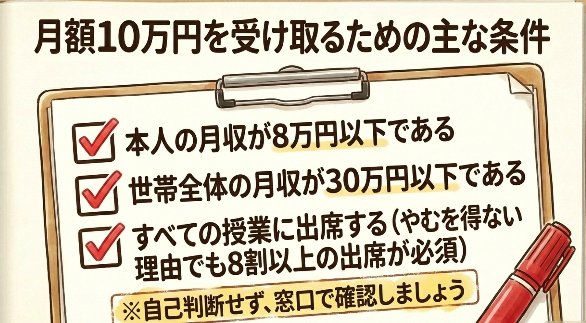 職業訓練 月額10万円の受給条件:月収8万円以下・世帯30万円以下・出席8割以上