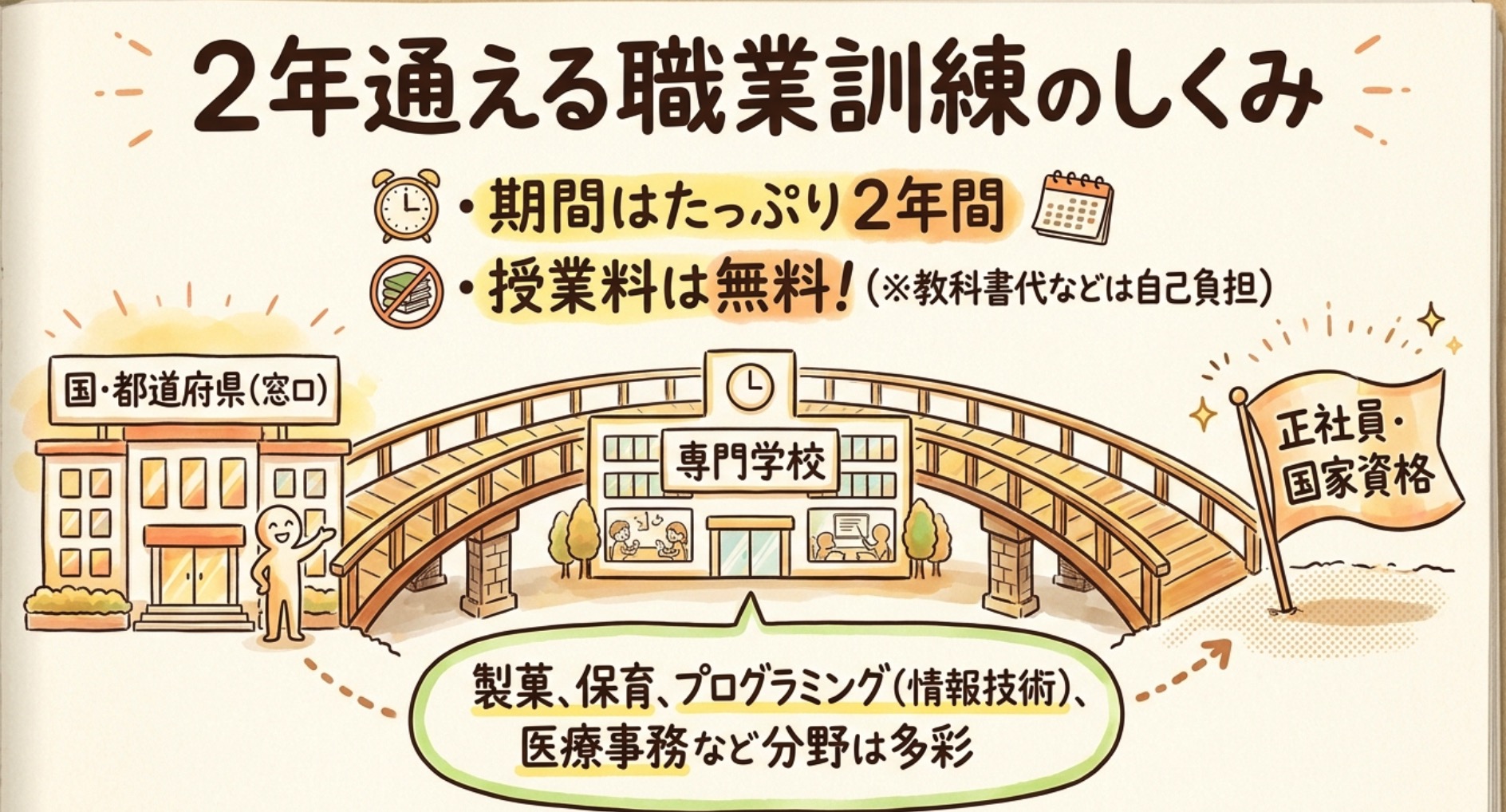 職業訓練2年間のしくみ:無料で専門学校へ通い正社員・国家資格を目指す