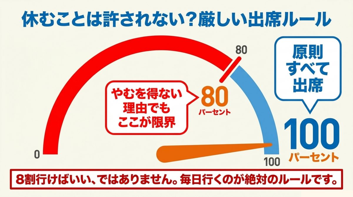 原則すべての訓練日に出席し、やむを得ない理由でも8割が限界という出席ルールを示す図解